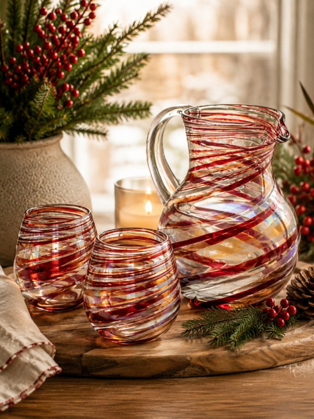 Eco Friendly Handblown Recycled Glass Pitcher Set with 2 Tumblers Red Swirl - Picture 5 of 5
